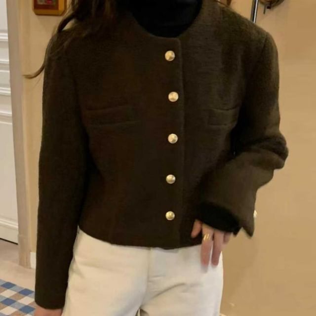 Jesong-Round Neck Plain Button Jacket
