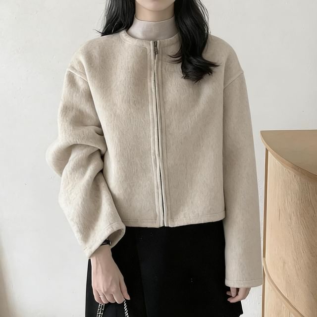 Jesong-Round Neck Plain Zip Jacket