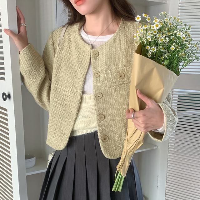 Jesong-Round Neck Tweed Button Jacket