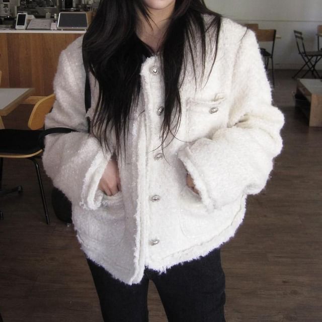 Jesong-Round Neck Tweed Button Jacket
