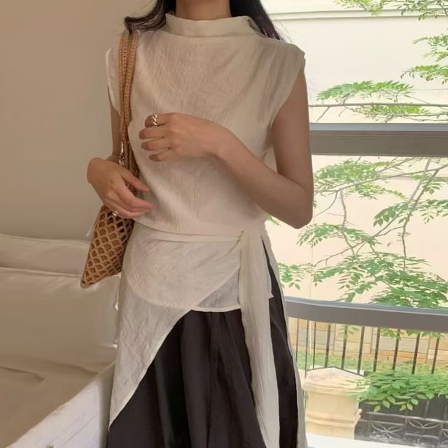 Jesong-Set Cap-Sleeve Mock Neck Plain Slit Top Shawl