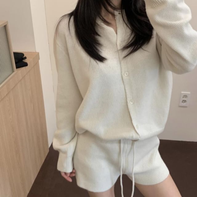 Jesong-Set Crew Neck Button-Up Plain Cardigan Drawstring Waist Hot Pants