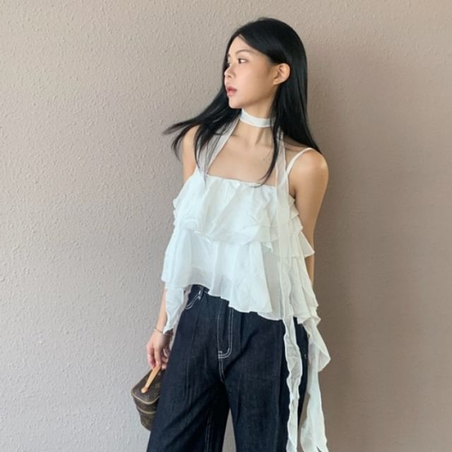 Jesong-Set Halter-Neck Plain Asymmetrical Ruffled Top Sash