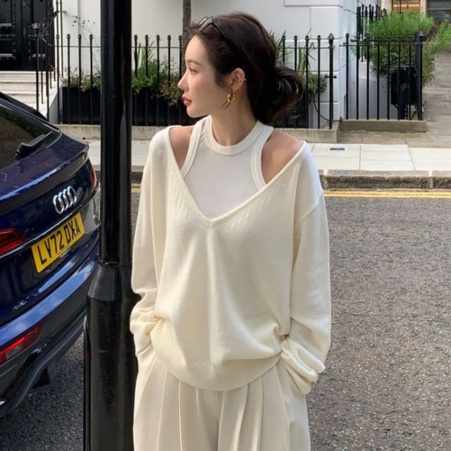 Jesong-Set Plain Tank Top V-Neck Plain Oversized Sweater