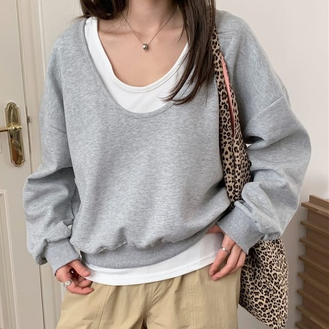 Jesong-Set Scoop Neck Plain Tank Top Drop-Shoulder Pullover