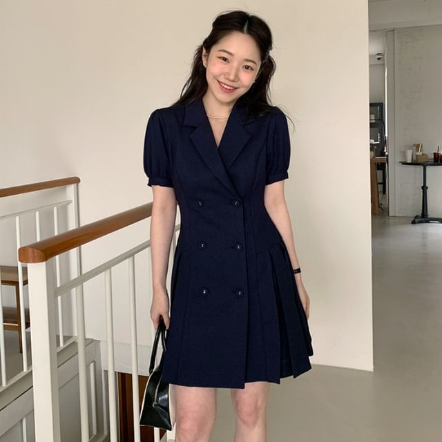 Jesong-Short Sleeve Collared Plain Pleated Double Breasted Mini A-Line Blazer Dress