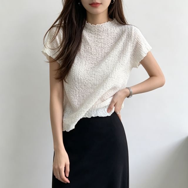 Jesong-Short Sleeve Mock Neck Plain Textured Top