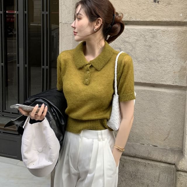 Jesong-Short Sleeve Plain Knit Polo Top