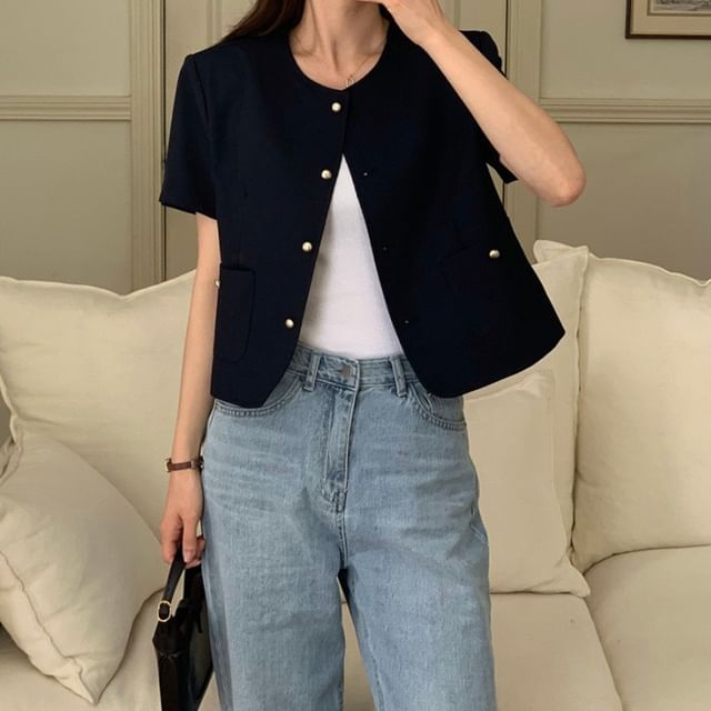 Jesong-Short Sleeve Round Neck Plain Button Jacket