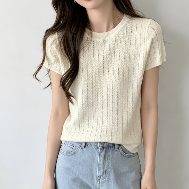 Jesong-Short Sleeve Round Neck Plain Cable Knit Top
