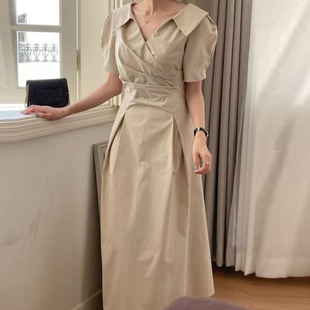Jesong-Short Sleeve V-Neck Collared Plain Ruched Maxi A-Line Wrap Dress