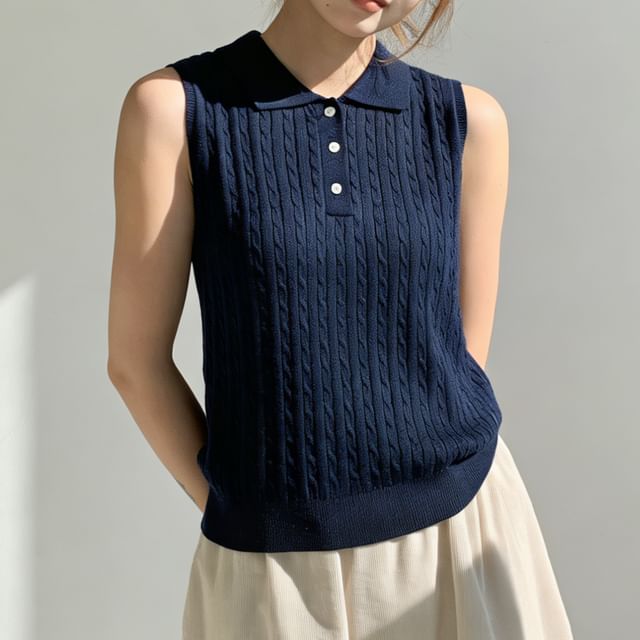Jesong-Sleeveless Polo Collar Plain Cable Knit Top