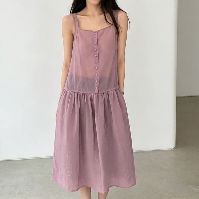 Jesong-Sleeveless Square Neck Half-Buttoned Plain Sheer Midi A-Line Dress