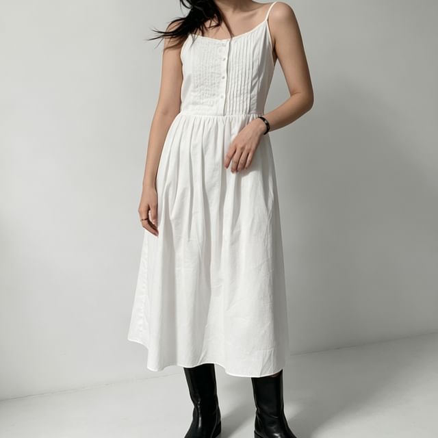 Jesong-Spaghetti Strap Plain Pintuck Button Midi A-Line Dress