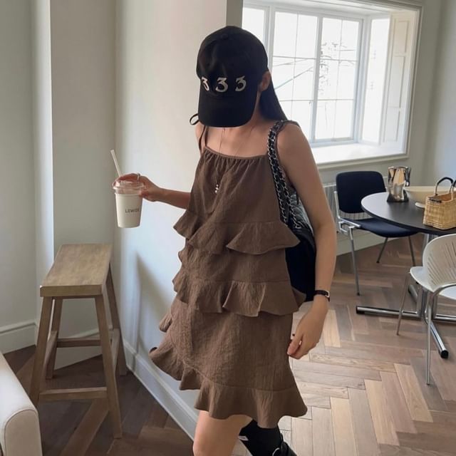 Jesong-Spaghetti Strap Plain Ruffled Mini A-Line Dress