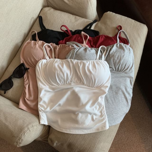 Jesong-Spaghetti Strap Plain Shirred Bra Top