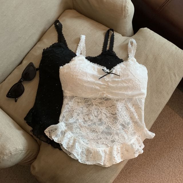 Jesong-Spaghetti Strap Ruffled Lace Bra Top