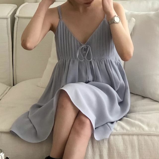 Jesong-Spaghetti Strap V-Neck Plain Mini A-Line Dress