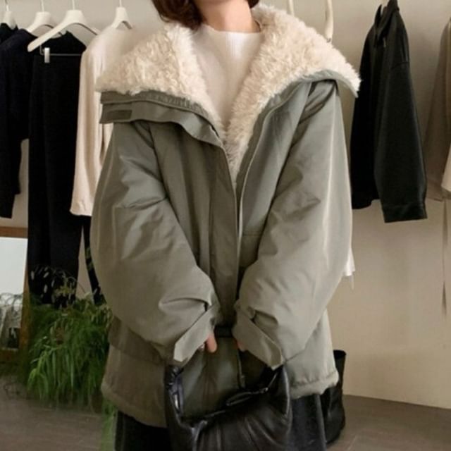 Jesong-Stand Collar Fleece-Lined Zip-Up Jacket