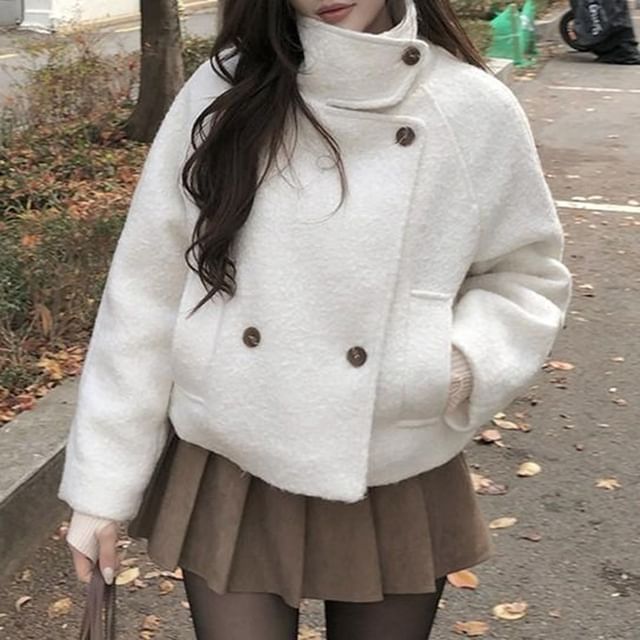 Jesong-Stand Collar Plain Double Breasted Jacket