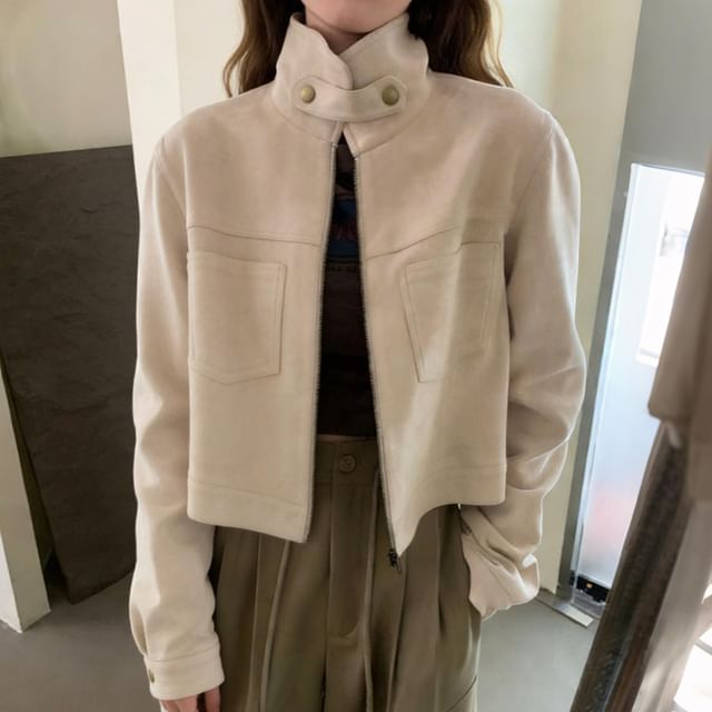 Jesong-Stand Collar Plain Panel Faux Suede Zip Jacket