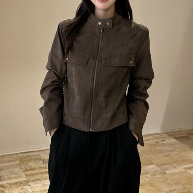 Jesong-Stand Collar Zip-Up Plain Faux Suede Crop Jacket