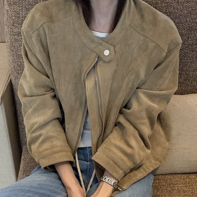 Jesong-Stand Collar Zip-Up Plain Faux Suede Jacket