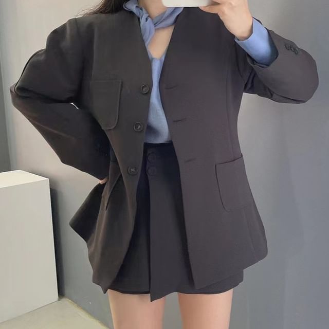 Jesong-V-Neck Button-Up Plain Blazer Mini Skirt