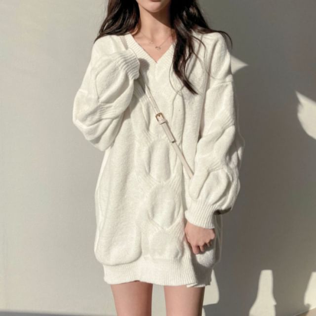 Jesong-V-Neck Plain Cable-Knit Long Sweater