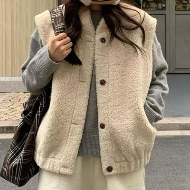 Jesong-V-Neck Plain Fleece Button Up Vest
