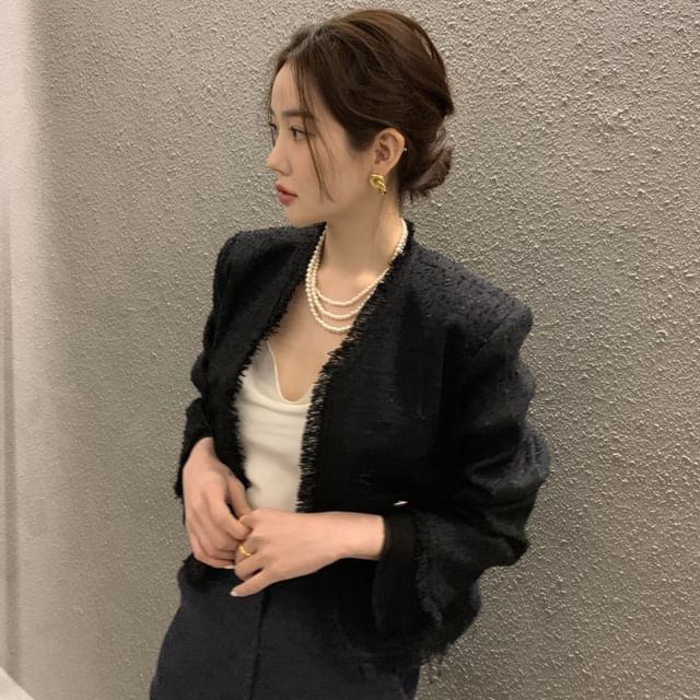Jesong-V-Neck Plain Fringe Tweed Jacket