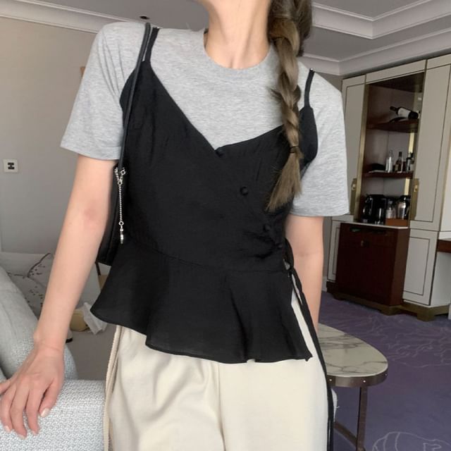 Jesong-V-Neck Plain Peplum Wrap Cami Top