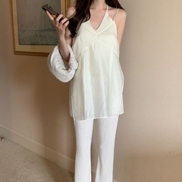 Jesong-V-Neck Plain Pintuck Sheer Slit Long Cami Top