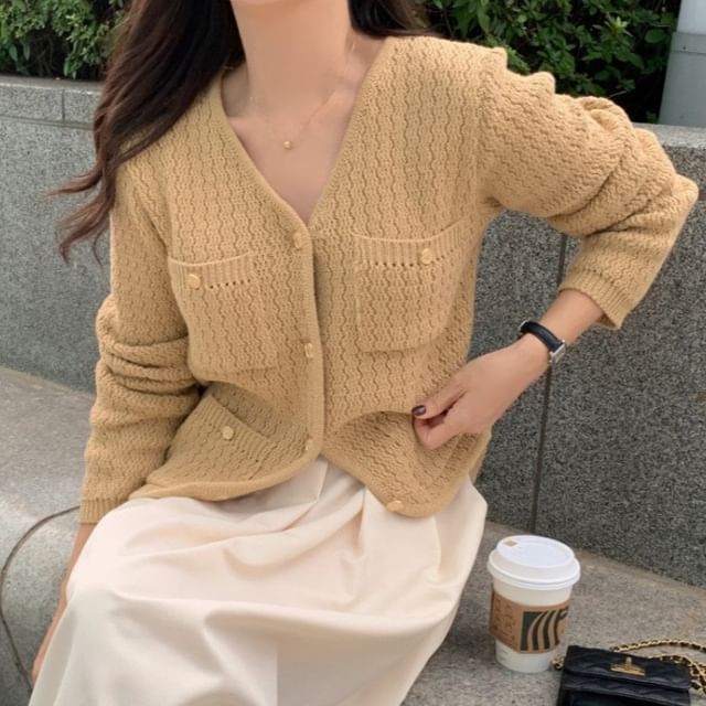Jesong-V-Neck Plain Pointelle Button Up Cardigan