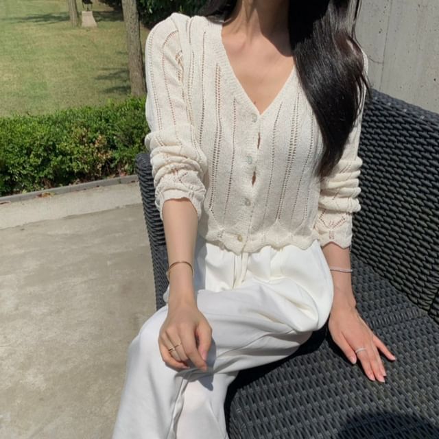 Jesong-V-Neck Plain Pointelle Crop Cardigan