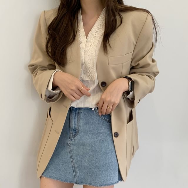 Jesong-V-Neck Plain Single Breasted Blazer