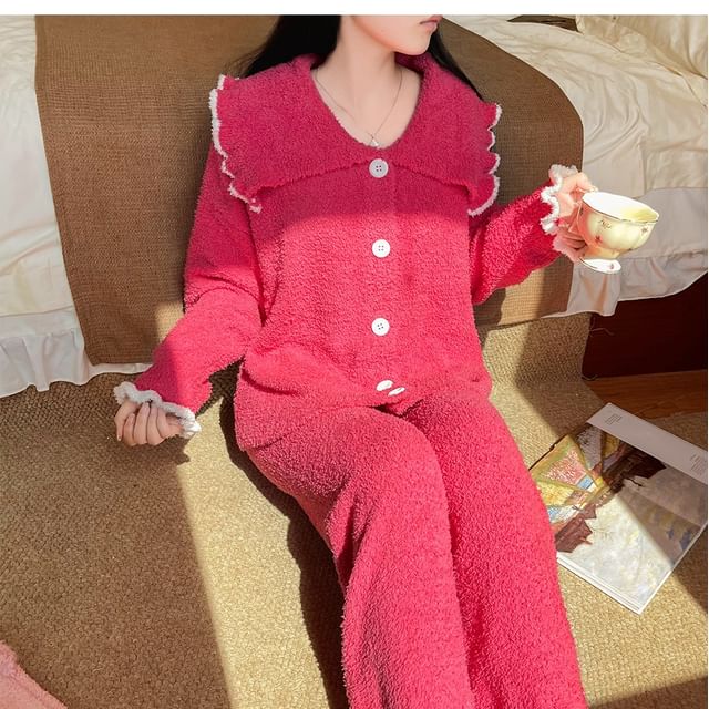 Jilliana-Collared Contrast Trim Ruffle Button Knit Pajama Top Elastic Waist Straight Leg Pants Home Slippers Set
