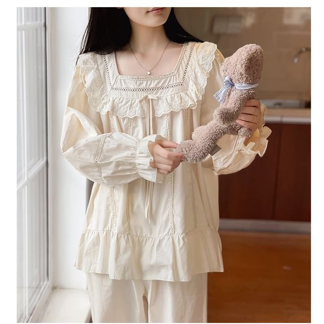 Jilliana-Square Neck Lace Trim Pajama Set