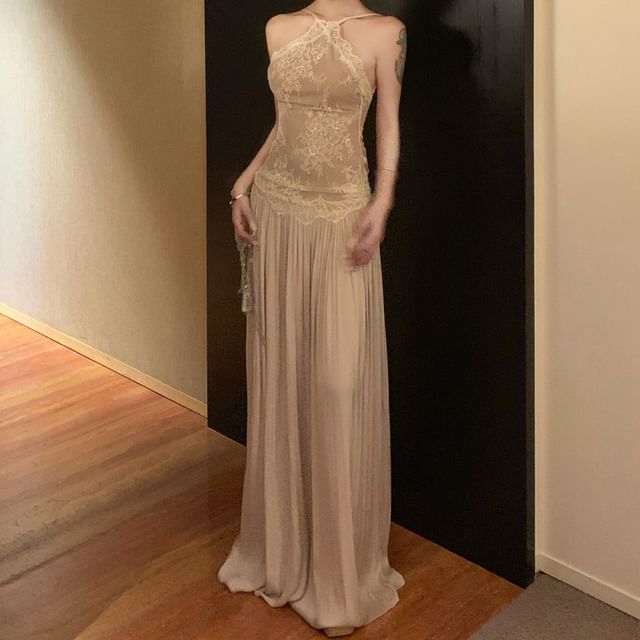 JIYON-Halter Neck Lace A-Line Evening Gown