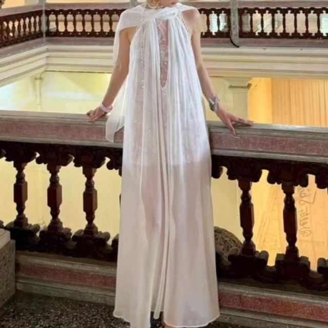 JIYON-Halter Neck Lace Panel Sheer Maxi Tunic Dress