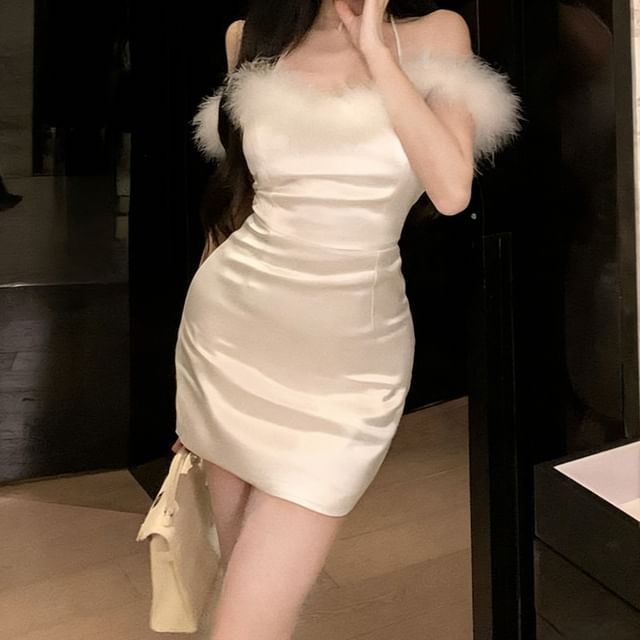 JIYON-Halter Neck Off-Shoulder Plain Fluffy Trim Satin Mini Bodycon Dress