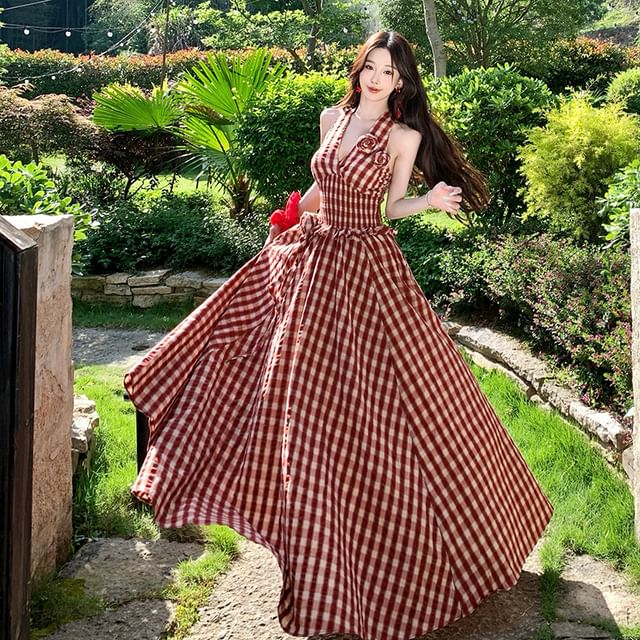 JIYON-Halter Neck Plaid Maxi A-Line Dress