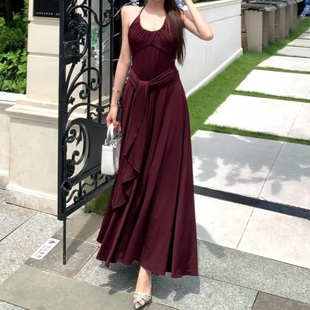 JIYON-Halter Neck Plain A-Line Dress Various Designs
