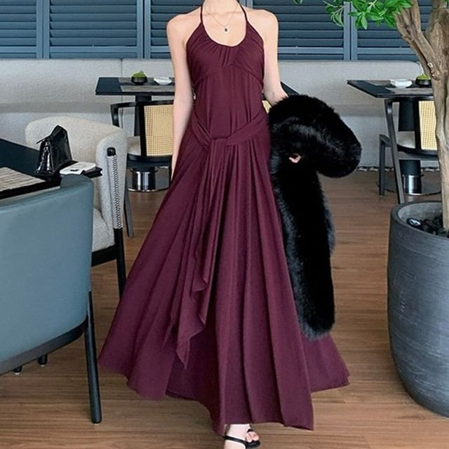 JIYON-Halter Neck Plain Maxi A-Line Dress