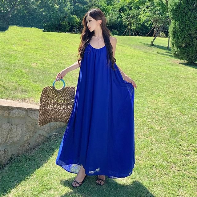 JIYON-Halter Neck Plain Open Back Maxi Sundress
