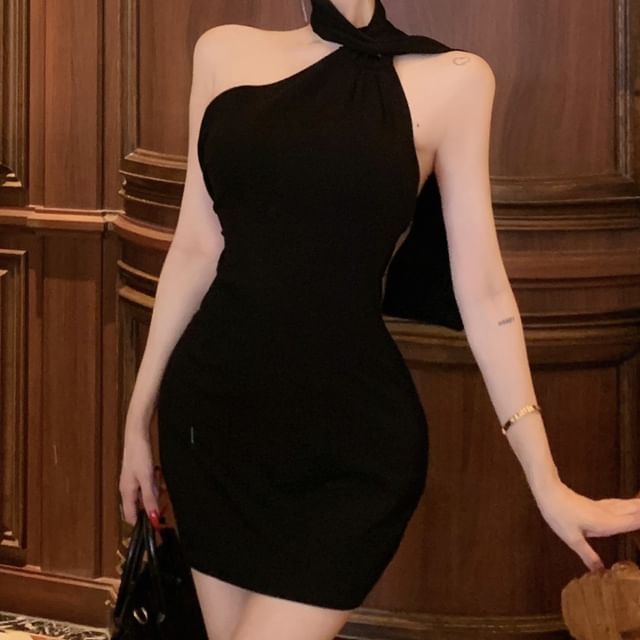 JIYON-Halter Neck Plain Open Back Mini Bodycon Dress