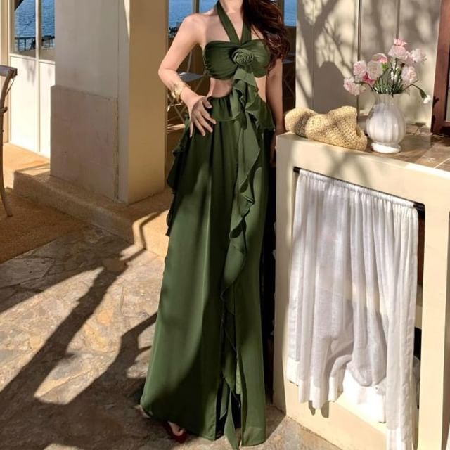 JIYON-Halter Neck Plain Ruffle Trim Maxi A-Line Dress