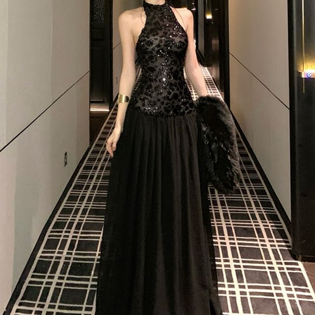 JIYON-Halter Neck Sequin Panel Open Back A-Line Evening Gown
