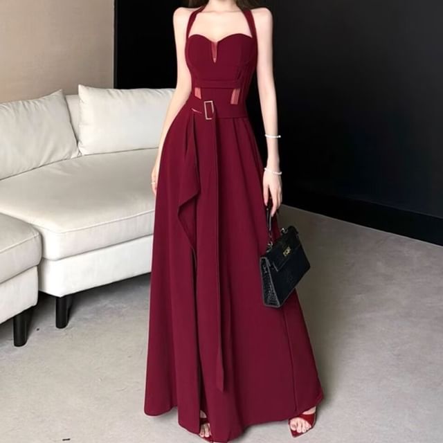 JIYON-Halter Plain Buckled Maxi A-Line Dress