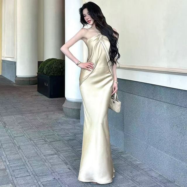 JIYON-Halter Plain Knotted Satin Maxi Sheath Dress